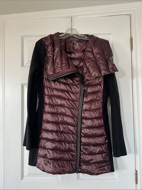 Calvin Klein Quilted Puffer Coat with Black Knit Sleeves - Burgundy & Black